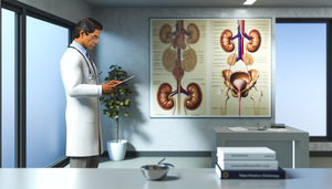 Un médico hispano de mediana edad, con bata blanca y estetoscopio, revisa atentamente un historial médico en una tableta en una oficina médica moderna. En el fondo, un póster anatómico del sistema urinario humano destaca el tema del carcinoma urotelial. La oficina está iluminada con luz natural, creando un ambiente profesional y sereno.