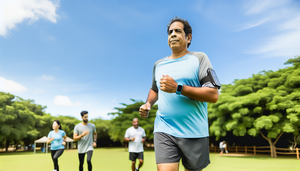 Hombre hispano de mediana edad corriendo en un parque, usando una pulsera inteligente que muestra su frecuencia cardíaca y conteo de pasos. El entorno es verde y soleado, con otras personas de diversas etnias también realizando actividad física. La imagen refleja la vitalidad y el uso de tecnología para el monitoreo de la salud.