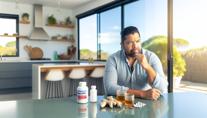 Hombre hispano de mediana edad sentado en una cocina moderna, mirando pensativamente una botella de ranitidina sobre la mesa, junto a remedios naturales como jengibre y té de manzanilla, sugiriendo opciones alternativas para el tratamiento del reflujo.