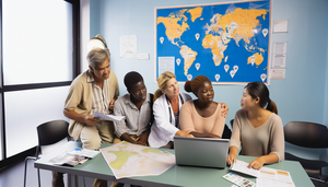 Un grupo diverso de viajeros consulta a una doctora hispana en una clínica de viajes moderna. Están reunidos alrededor de una mesa con mapas y un portátil que muestra un mapa mundial con regiones destacadas. En la pared, un póster ilustra enfermedades endémicas. La escena refleja la importancia de conocer enfermedades como el dengue y chikungunya para un diagnóstico diferencial preciso y un viaje seguro.
