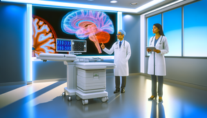 Un médico hispano de unos 40 años, con bata blanca y gafas, señala una pantalla de computadora que muestra un escaneo cerebral 3D con redes neuronales resaltadas. A su lado, una médica hispana en sus 30s revisa datos en una tableta digital. La escena refleja el uso de tecnología avanzada en el diagnóstico de patologías neurológicas.