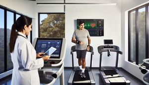 Un hombre hispano de mediana edad camina en una cinta de correr en una clínica de rehabilitación cardíaca moderna, mientras una doctora hispana observa los datos de salud en una pantalla digital. El hombre lleva un dispositivo en la muñeca que monitorea su frecuencia cardíaca, y la doctora sostiene una tableta, destacando el uso de tecnología avanzada para el seguimiento personalizado y la mejora de resultados clínicos en la rehabilitación cardíaca.