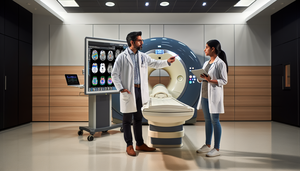 Sala de radiología moderna con una máquina de resonancia magnética avanzada. Un radiólogo hispano, con bata blanca y gafas, señala una pantalla que muestra una imagen de resonancia magnética cerebral con superposiciones de segmentación. A su lado, una colega sostiene una tableta con datos de algoritmos de IA. Ambos discuten concentrados, reflejando el uso de tecnología avanzada en el diagnóstico médico.