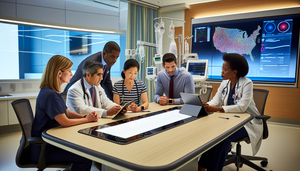 Un grupo diverso de profesionales de la salud, incluyendo un médico hispano, una enfermera asiática y una investigadora médica negra, discuten colaborativamente en una sala de reuniones de hospital. Están examinando una tableta digital con un gráfico detallado de datos de pacientes, reflejando un enfoque innovador en la atención personalizada para patologías crónicas. La atmósfera es de trabajo en equipo y determinación.