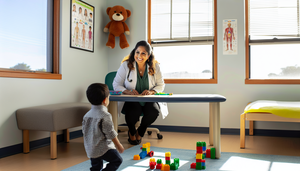 Consultorio pediátrico acogedor con luz natural. Una pediatra hispana observa atentamente a un niño pequeño jugando con bloques de construcción, mientras su madre lo mira sonriendo. El entorno refleja cuidado y desarrollo infantil temprano, ideal para detectar señales de trastornos del desarrollo.