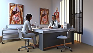 Consultorio médico en España con un doctor explicando a una paciente joven sobre la salud gastrointestinal. En el escritorio hay gráficos médicos y un modelo del sistema digestivo, mientras que las paredes tienen pósters anatómicos del tracto digestivo. La escena resalta la importancia de distinguir entre el síndrome de intestino irritable y la enfermedad inflamatoria intestinal.