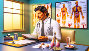 Consulta médica con un doctor de mediana edad de ascendencia hispana revisando atentamente un historial médico en un escritorio. En el escritorio hay modelos anatómicos del sistema reproductor masculino y glándulas endocrinas, destacando el enfoque en el hipogonadismo. Al fondo, un póster detallado del sistema endocrino humano. La imagen refleja un ambiente profesional y cálido, adecuado para discutir el síndrome de Klinefelter y la diferenciación del hipogonadismo.