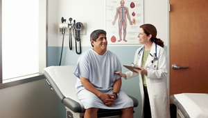 Paciente hispano de mediana edad en una sala de examen médico moderna, escuchando atentamente a una doctora hispana que le explica con una sonrisa tranquilizadora. La imagen refleja un ambiente profesional y cálido, ideal para discutir temas como el síndrome de Shy-Drager y la disfunción autonómica.