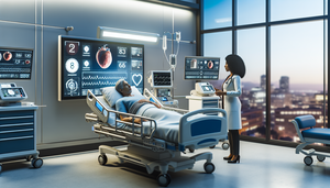 Habitación de hospital moderna con equipo médico avanzado. Un paciente hispano de 50 años está en una cama, conectado a dispositivos de monitoreo. Una doctora hispana en sus 40s, con bata blanca y estetoscopio, examina atentamente los datos en una pantalla digital que muestra las constantes vitales del paciente. La escena refleja la integración de la IA en el cuidado intensivo, en un entorno hospitalario metropolitano.