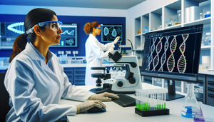 Científica hispana en laboratorio moderno, examinando un modelo 3D de ADN en pantalla digital, con marcadores de mutaciones genéticas. Herramientas avanzadas de CRISPR-Cas9 y gráficos de análisis de datos en un portátil cercano, simbolizando innovación en la detección de mutaciones y edición génica.