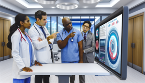 Un grupo diverso de profesionales de la salud, incluidos médicos y enfermeras, se reúne alrededor de una pantalla digital que muestra datos médicos y guías basadas en evidencia. Los gráficos y tablas en la pantalla son claros y coloridos. Los médicos, de diversas etnias, están enfocados y colaborando en la discusión. El entorno es un hospital moderno y bien iluminado, con un ambiente de alta tecnología que resalta la innovación en la toma de decisiones clínicas.