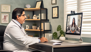 Consulta de telemedicina con un médico hispano de mediana edad en su oficina, vistiendo bata blanca y con un estetoscopio, atendiendo a una paciente joven hispana a través de una videollamada en su computadora. La oficina es profesional y acogedora, destacando la conexión y accesibilidad de la atención médica a distancia.