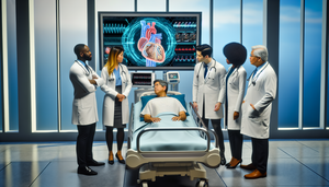 Un grupo diverso de médicos, compuesto por diferentes géneros y etnias, rodea una pantalla digital que muestra un modelo 3D de un corazón humano con superposiciones de datos. Un paciente hispano de mediana edad, sentado en una cama de hospital, observa la pantalla con interés. La escena refleja la colaboración y la innovación en la medicina personalizada mediante el uso de tecnología de inteligencia artificial.