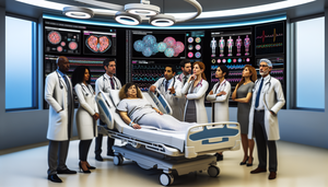 Un equipo diverso de médicos analiza datos complejos en una pantalla digital sobre tratamientos oncológicos personalizados, mientras una paciente hispana observa con esperanza desde su cama en una moderna sala de hospital. La imagen destaca la colaboración y el uso de inteligencia artificial en la oncología de precisión.