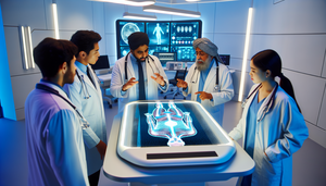 Un grupo diverso de médicos, hombres y mujeres de diferentes etnias, colaboran alrededor de una pantalla holográfica digital que muestra un modelo 3D de un cuerpo humano con áreas destacadas por análisis de IA. Los médicos, vestidos con batas blancas y estetoscopios, discuten datos en un entorno hospitalario moderno y futurista, simbolizando la transformación digital y las nuevas competencias médicas impulsadas por tecnologías emergentes.