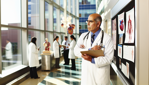 Un médico hispano de mediana edad, con bata blanca, se encuentra pensativo en un pasillo moderno y luminoso de un hospital. Sostiene un portapapeles y observa un tablón de anuncios con folletos de especialidades médicas y ofertas de trabajo. A su alrededor, hay señales sutiles de diferentes especialidades médicas. En el fondo, un grupo diverso de médicos conversa, simbolizando la colaboración y las transiciones de carrera en medicina.
