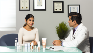 Una joven hispana en la consulta de un dermatólogo, escuchando atentamente el plan de tratamiento para el acné. En la mesa hay productos como crema de retinoides y gel antibiótico, destacando la importancia de la orientación profesional en el tratamiento del acné.
