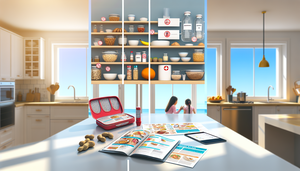 Imagen de una cocina moderna con un enfoque educativo sobre el tratamiento de la alergia alimentaria. En el lado izquierdo, se muestran alimentos alérgenos comunes con señales de advertencia rojas para indicar su evitación. En el centro, un autoinyector de epinefrina está destacado en un botiquín de primeros auxilios, simbolizando la preparación para emergencias. A la derecha, documentos médicos y una tableta digital muestran un calendario de seguimiento, representando la gestión continua. Una familia hispana conversa, con un joven adulto explicando la importancia de cada sección a un niño, promoviendo la conciencia y comprensión.
