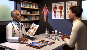 Un médico hispano en bata blanca explica opciones de tratamiento para alergias respiratorias a un paciente hispano. El médico sostiene un folleto titulado 