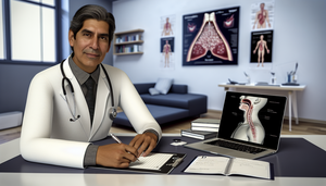 Fotografía de un médico hispano de mediana edad en una oficina médica moderna, escribiendo en una receta mientras revisa un gráfico digital de la garganta en su laptop. En el fondo, un póster muestra la anatomía de la garganta y las amígdalas, reflejando un ambiente profesional enfocado en el tratamiento de la amigdalitis.