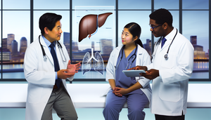 Un equipo diverso de médicos discute tratamientos para el cáncer de hígado en un entorno hospitalario profesional. Un doctor hispano sostiene una tableta con un diagrama del hígado, mientras una doctora asiática señala la pantalla. Un doctor africano escucha atentamente. En el fondo, se ve una ciudad moderna a través de una ventana grande. La imagen refleja un enfoque colaborativo en opciones de tratamiento como la resección, el trasplante hepático y la ablación.