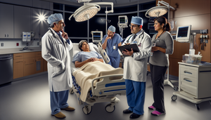 Equipo médico en un hospital moderno discutiendo un plan de tratamiento para el cáncer de páncreas. Incluye a un cirujano, una oncóloga y un especialista en cuidados paliativos, todos de origen hispano, interactuando con un paciente en una cama de hospital. La imagen resalta el enfoque multidisciplinario y la atención compasiva.