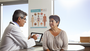 Consulta médica en una sala bien iluminada. Un médico hispano de mediana edad, con bata blanca y gafas, explica un plan de tratamiento a una paciente hispana de unos 50 años, mostrando un diagrama de capas de piel en una tableta digital. En el escritorio hay folletos sobre 