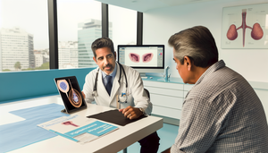 Un médico hispano de mediana edad, con bata blanca y estetoscopio, explica opciones de tratamiento para el cáncer de próstata a un paciente hispano mayor. El médico utiliza una tableta digital que muestra un modelo 3D de la glándula prostática. En el escritorio hay folletos médicos en español sobre 