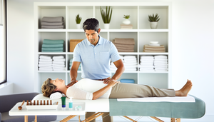 Escena tranquila en una clínica de fisioterapia moderna, donde una mujer hispana de mediana edad recibe un masaje en cuello y hombros por un fisioterapeuta hispano. En el fondo, se observan toallas y plantas, sugiriendo un enfoque holístico para el tratamiento de la cefalea tensional.
