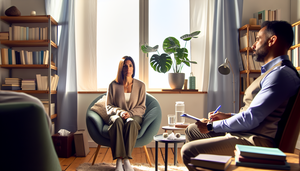 Una sala de terapia acogedora con luz natural suave. Una mujer hispana de mediana edad, vestida de manera cómoda, se sienta en un sillón, luciendo contemplativa y esperanzada. Frente a ella, un terapeuta hispano en sus 40s, con libreta en mano, muestra empatía y comprensión. Entre ellos, una mesa con un vaso de agua, una caja de pañuelos y libros sobre salud mental. El ambiente refleja un tratamiento de depresión a través de psicoterapia y cuidado continuo.