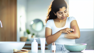 Una mujer hispana joven aplica crema de corticoides tópicos en su antebrazo con piel enrojecida por dermatitis atópica, en un baño iluminado con productos de cuidado de la piel en el mostrador.