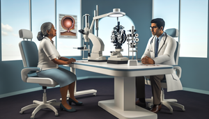 Un oftalmólogo hispano de mediana edad, con bata blanca y gafas, explica a una paciente hispana de unos 60 años los tratamientos para el desprendimiento de retina. En la mesa hay modelos médicos del ojo que ilustran procedimientos como la retinopexia neumática, la vitrectomía y la cirugía de cerclaje escleral. Al fondo, se observan equipos avanzados de oftalmología. La imagen destaca la interacción educativa entre el médico y la paciente.
