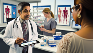 Un médico hispano de unos 40 años, con bata blanca y estetoscopio, explica opciones de tratamiento para la diabetes a una paciente hispana de mediana edad, mostrando un gráfico de niveles de glucosa en una tableta. Al fondo, una farmacéutica surasiática organiza medicamentos para la diabetes en un estante. El entorno refleja un enfoque colaborativo en el manejo de la Diabetes Mellitus tipo 2.