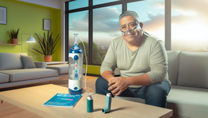 Hombre hispano de mediana edad en una sala de estar moderna, usando un concentrador de oxígeno portátil con cánula nasal. En la mesa hay inhaladores, simbolizando el uso de broncodilatadores. Un folleto titulado 