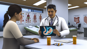 Escena médica en una clínica moderna donde un médico hispano de unos 40 años, con bata blanca y estetoscopio, explica un plan de tratamiento a una paciente hispana de unos 30 años. El médico sostiene una tableta que muestra un diagrama del estómago con áreas destacadas de infección por Helicobacter pylori. En el escritorio hay frascos de medicamentos etiquetados como 