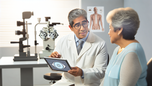 En una clínica moderna de oftalmología, un médico hispano de mediana edad explica opciones de tratamiento para el glaucoma a una paciente hispana mayor. El médico sostiene una tableta con un diagrama ocular, mientras la paciente escucha atentamente. Al fondo, se observa equipo oftalmológico avanzado.