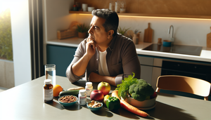 Hombre hispano de mediana edad sentado en una mesa de cocina con alimentos saludables como verduras, frutas y nueces, junto a botellas de medicamentos etiquetadas 