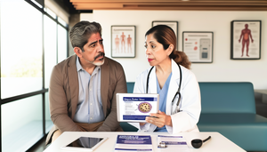 Paciente hispano de mediana edad en consulta médica, escuchando a doctora hispana que explica opciones de tratamiento para el herpes zóster. La doctora sostiene una tableta con un diagrama del virus. En el escritorio hay folletos sobre antivirales, control del dolor y prevención de complicaciones. Ambiente profesional y colaborativo.