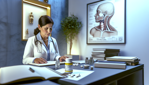 Doctora hispana de mediana edad revisando un historial médico en un consultorio profesional. En el escritorio hay un frasco de levotiroxina y un estetoscopio. Al fondo, una oficina médica organizada con un diagrama anatómico de la glándula tiroides. La imagen refleja profesionalismo y cuidado en el tratamiento del hipotiroidismo.
