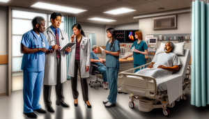 Equipo multidisciplinario de profesionales de la salud en un hospital moderno colaborando en el tratamiento de la insuficiencia cardíaca. Un cardiólogo hispano discute el plan de tratamiento con una enfermera que sostiene una tableta digital y una farmacéutica que muestra un gráfico de medicación. En el fondo, un fisioterapeuta enseña ejercicios a un paciente anciano. Enfatiza el trabajo en equipo y el enfoque centrado en el paciente.