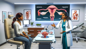 Un grupo diverso de profesionales médicos en un hospital moderno. En primer plano, una doctora hispana con bata blanca y estetoscopio explica un plan de tratamiento a una paciente hispana, señalando un modelo anatómico del sistema reproductivo femenino. En el fondo, una pantalla digital muestra una imagen 3D de un útero con miomas, destacando opciones de tratamiento como medicación, embolización y cirugía. La escena refleja un ambiente profesional y colaborativo en el cuidado del paciente.