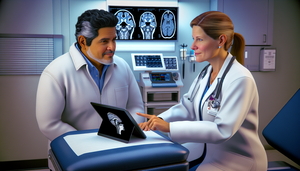 Consulta médica en un hospital moderno donde un paciente hispano de mediana edad escucha a una doctora hispana que explica opciones de tratamiento para el neurinoma acústico, mostrando un diagrama anatómico del oído en una tableta digital. En el fondo, se observa un monitor con una resonancia magnética cerebral.