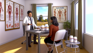 Una mujer hispana de mediana edad escucha atentamente a un médico hispano que le explica opciones de tratamiento para la osteoporosis. En la mesa hay un frasco de 