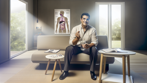 Hombre hispano de mediana edad en una sala moderna, sosteniendo un vaso de agua y una pastilla de inhibidor de la bomba de protones, con libros médicos y un diagrama del sistema digestivo en el fondo, ilustrando el tratamiento del reflujo gastroesofágico.