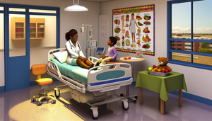 Fotografía de una habitación de hospital pediátrico en América Latina, mostrando a un niño de 5 años en una cama, acompañado por una doctora y su madre. La doctora explica el soporte nutricional para el tratamiento del sarampión, destacando la importancia de la vitamina A. La atmósfera es cálida y profesional, con énfasis en la nutrición y el cuidado.