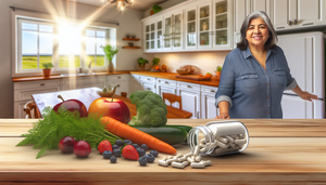 Imagen de una cocina luminosa y acogedora donde una mujer hispana de mediana edad, vestida de manera casual, sonríe mientras prepara una comida saludable. En primer plano, una mesa de madera con una variedad de frutas y verduras frescas, junto a un frasco abierto de probióticos, simbolizando un enfoque integral para el tratamiento del Síndrome del Intestino Irritable (SII) a través de la dieta y el uso de probióticos.