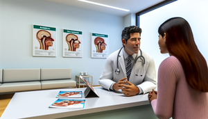 Consulta médica moderna con un doctor hispano explicando opciones de tratamiento para la sinusitis a una paciente. El doctor sostiene una tableta con un modelo 3D de los senos paranasales. En el escritorio hay folletos sobre antibióticos, descongestionantes y cirugía endoscópica. La sala está decorada con pósters anatómicos de la cabeza y senos paranasales, creando un ambiente profesional y colaborativo.