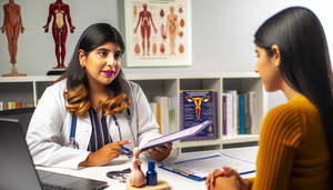 Una consulta médica enfocada en la salud femenina, donde una doctora hispana explica un plan de tratamiento a una joven paciente hispana. La paciente sostiene un folleto titulado 