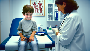 Una pediatra española examina a un niño de 6 años con varicela, mostrando manchas rojas en brazos y cara, en un consultorio médico bien iluminado. La doctora, con bata blanca, refleja un trato profesional y cuidadoso, destacando el enfoque en el tratamiento sintomático y el manejo de la enfermedad.