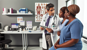 Fotografía de un equipo diverso de profesionales de la salud en una oficina médica moderna. Un médico hispano de unos 40 años y una enfermera afroamericana joven revisan un gráfico con una paciente caucásica de mediana edad. En el fondo, se observan carteles médicos sobre tratamiento y prevención del VIH/SIDA, destacando la importancia del trabajo en equipo en la atención al paciente y la adherencia al tratamiento.